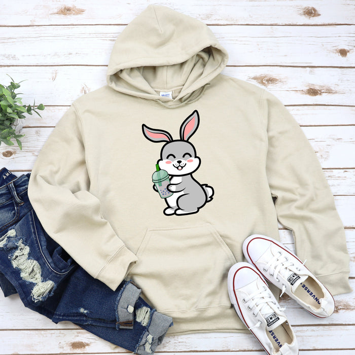 Cute Bunny Rabbit Drinking Boba Hoodie | Cute Big Eared Smiling Grey Rabbit Drinking Bubble Tea Taro Drink Japanese Streetwear Anime