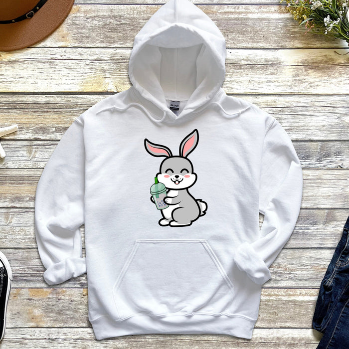 Cute Bunny Rabbit Drinking Boba Hoodie | Cute Big Eared Smiling Grey Rabbit Drinking Bubble Tea Taro Drink Japanese Streetwear Anime