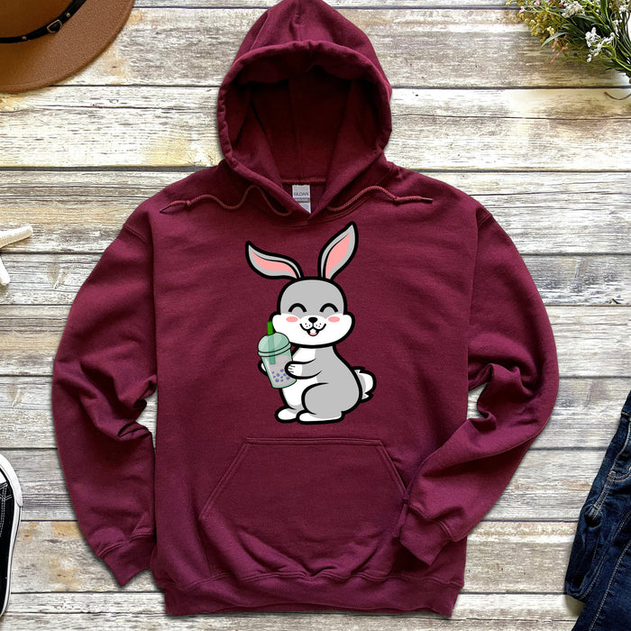 Cute Bunny Rabbit Drinking Boba Hoodie | Cute Big Eared Smiling Grey Rabbit Drinking Bubble Tea Taro Drink Japanese Streetwear Anime