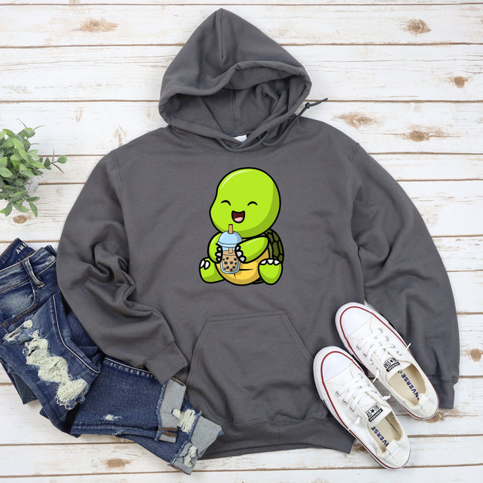 Cute Baby Turtle Drinking Boba Tea Hoodie | Cute Smiling Baby Tortoise Sitting Happy Laughing Green Shell Animal Japanese Streetwear Cartoon