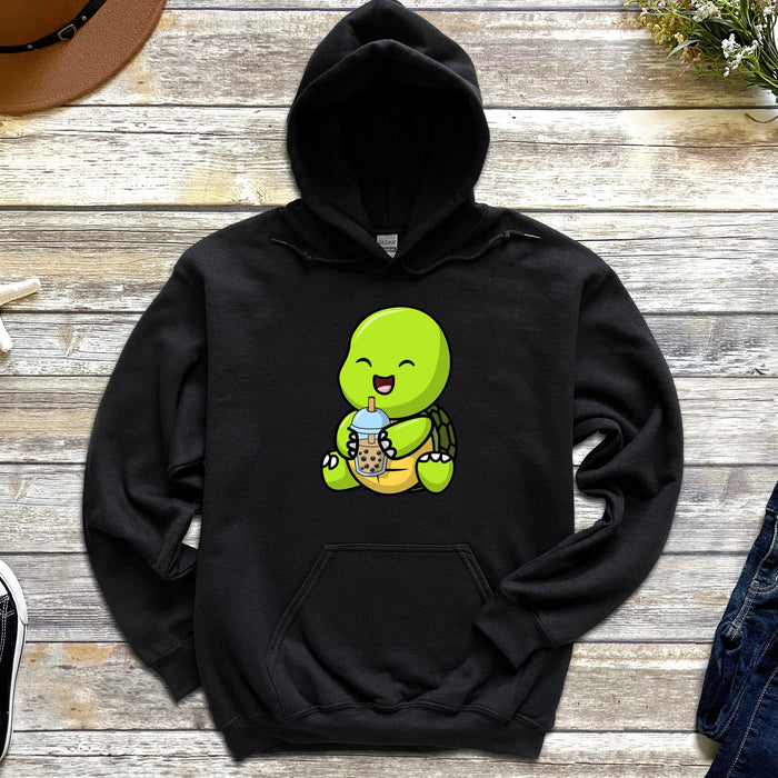 Cute Baby Turtle Drinking Boba Tea Hoodie | Cute Smiling Baby Tortoise Sitting Happy Laughing Green Shell Animal Japanese Streetwear Cartoon