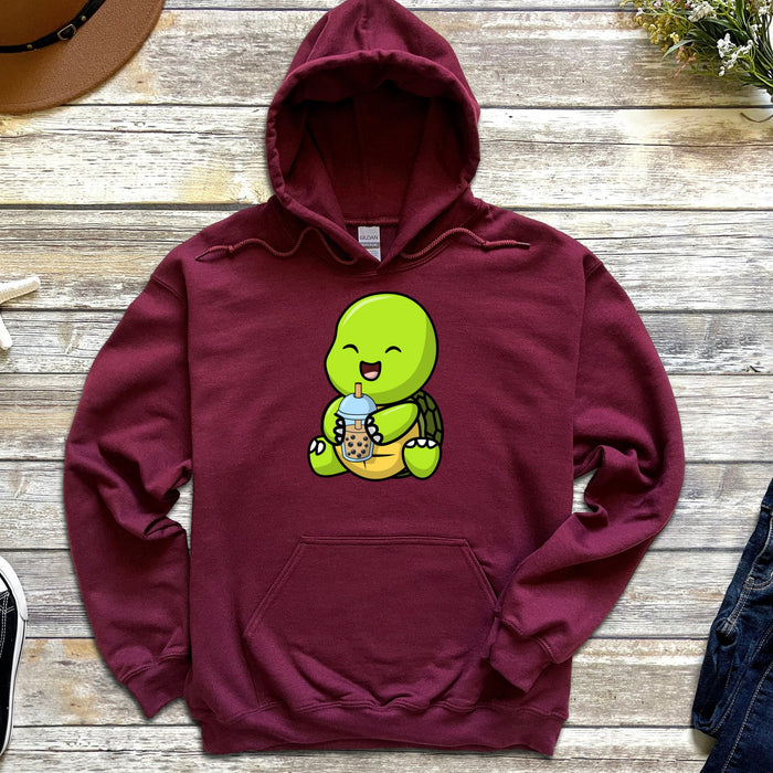 Cute Baby Turtle Drinking Boba Tea Hoodie | Cute Smiling Baby Tortoise Sitting Happy Laughing Green Shell Animal Japanese Streetwear Cartoon