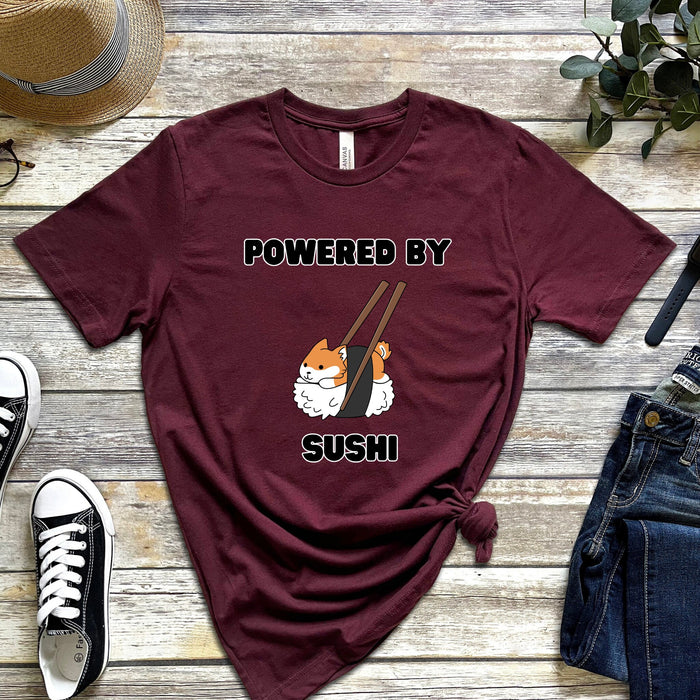 Cute Powered by Sushi Shiba Inu T-Shirt |Adorable Shiba Inu Sushi Roll Japanese Streetwear Anime Apparel Cartoon