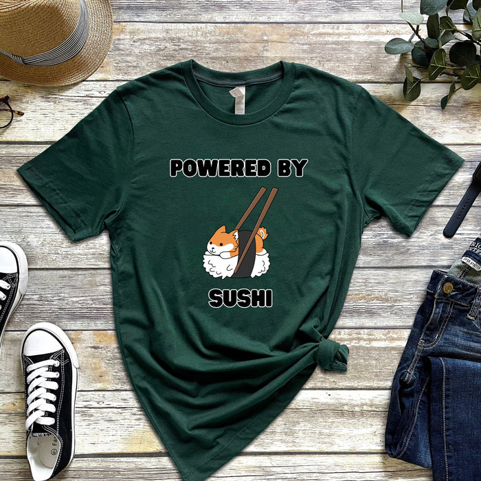 Cute Powered by Sushi Shiba Inu T-Shirt |Adorable Shiba Inu Sushi Roll Japanese Streetwear Anime Apparel Cartoon