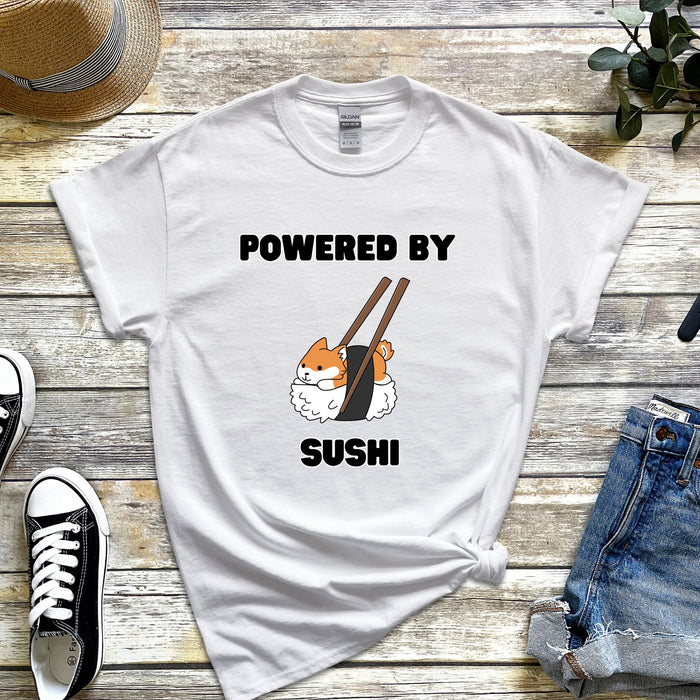 Cute Powered by Sushi Shiba Inu T-Shirt |Adorable Shiba Inu Sushi Roll Japanese Streetwear Anime Apparel Cartoon