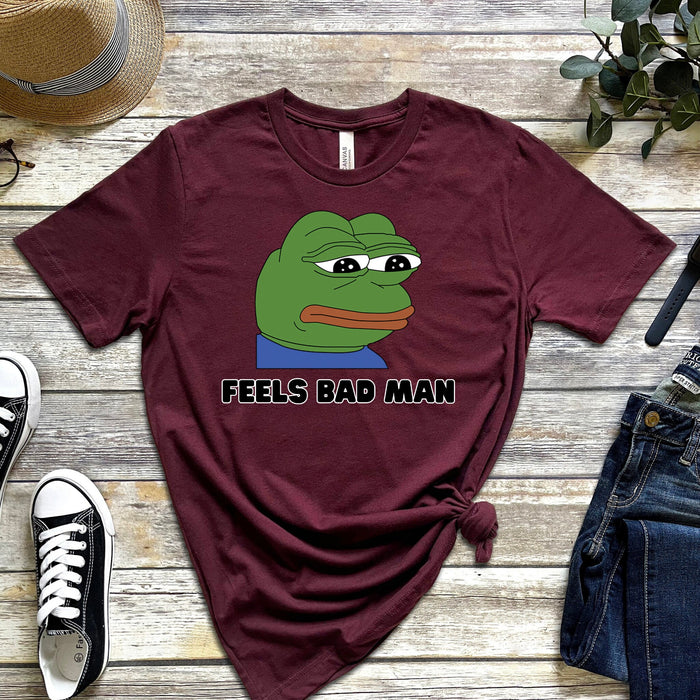 Cute Sad Pepe the Frog "Feels Bad Man" T-Shirt | Japanese StreetwearMeme 4Chan Kermit the Frog Toad Rare Pepe Animated Animal Cartoon