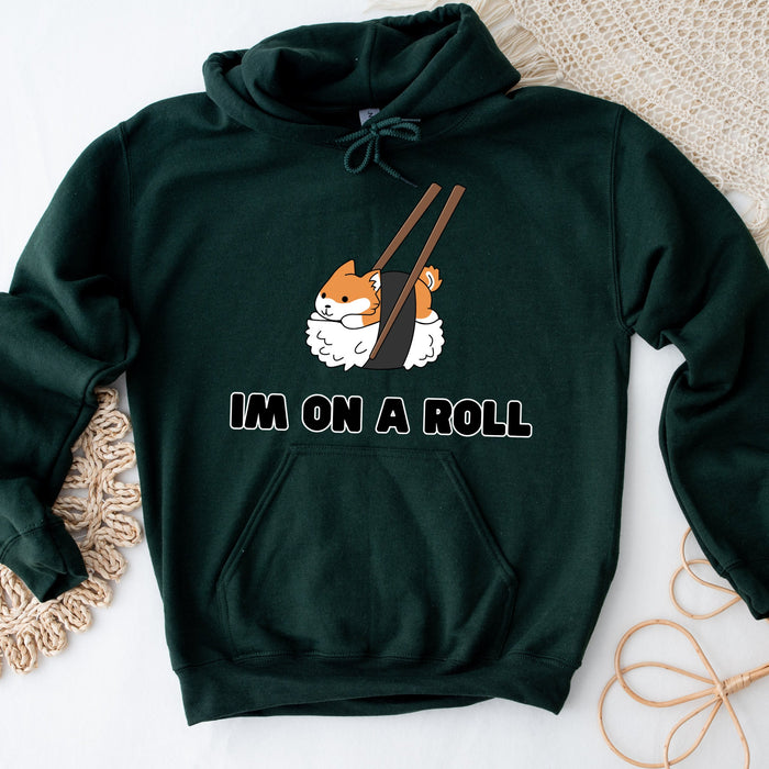 Cute Im on a Roll Sushi Shiba Inu Hoodie |Adorable Shiba Inu Sushi Roll Chopsticks Japanese Streetwear Anime Apparel Cartoon