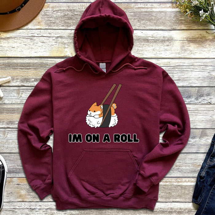 Cute Im on a Roll Sushi Shiba Inu Hoodie |Adorable Shiba Inu Sushi Roll Chopsticks Japanese Streetwear Anime Apparel Cartoon