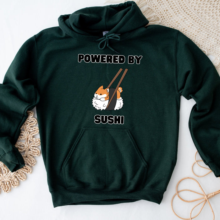 Cute Powered by Sushi Shiba Inu Hoodie |Adorable Shiba Inu Sushi Roll Japanese Streetwear Anime Apparel Cartoon