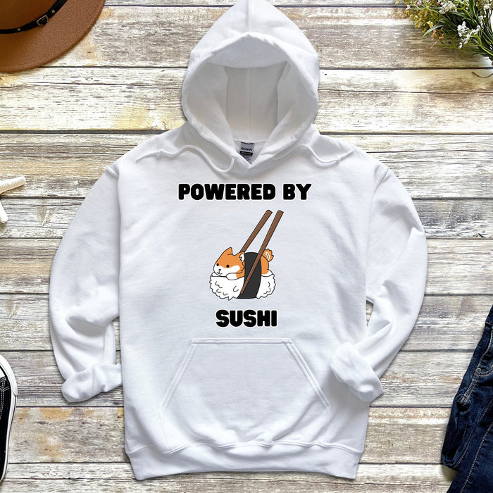 Cute Powered by Sushi Shiba Inu Hoodie |Adorable Shiba Inu Sushi Roll Japanese Streetwear Anime Apparel Cartoon