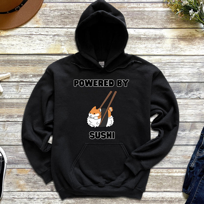 Cute Powered by Sushi Shiba Inu Hoodie |Adorable Shiba Inu Sushi Roll Japanese Streetwear Anime Apparel Cartoon