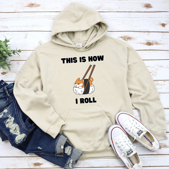 Cute This is How I Roll Sushi Shiba Inu Hoodie |Adorable Shiba Inu Sushi Roll Chopsticks Japanese Streetwear Anime Cartoon