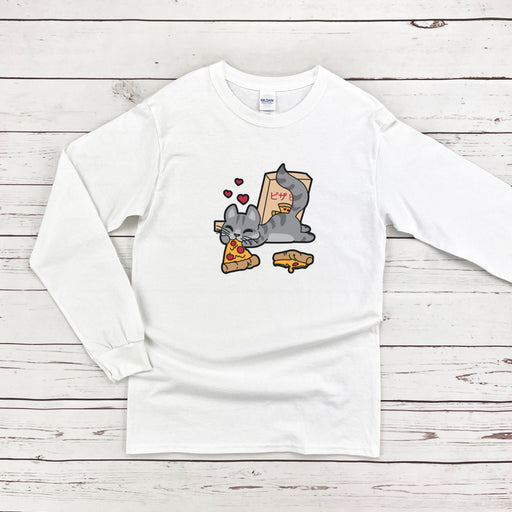 a white shirt with an elephant eating a piece of pizza