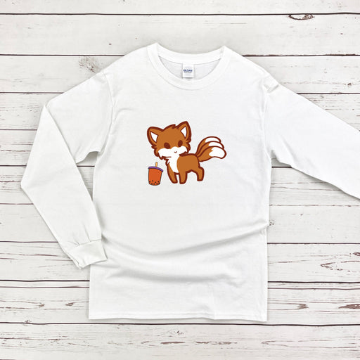 a white shirt with a fox and a cup of coffee on it