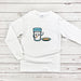 a white shirt with a cup of coffee and a bowl of cereal