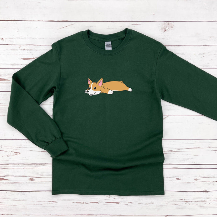 a green shirt with a corgi dog on it