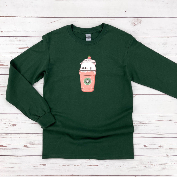 a green shirt with a starbucks cup on it