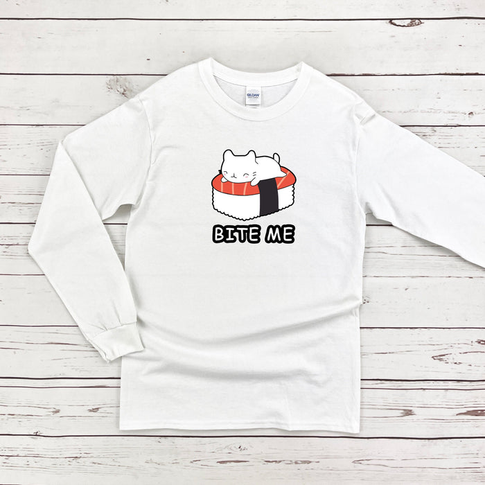 a white shirt with a sushi cat on it