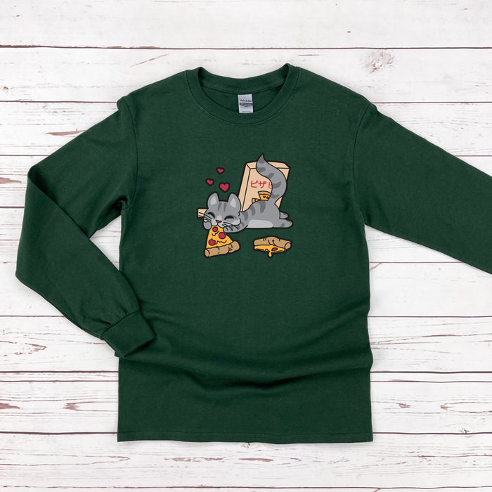 a green sweatshirt with a picture of a cat eating pizza