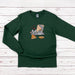 a green sweatshirt with a picture of a cat eating pizza