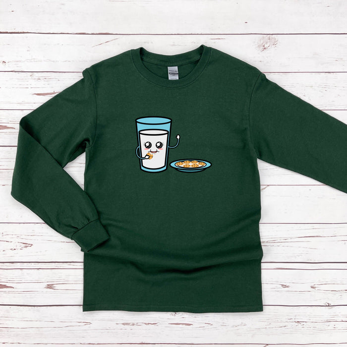 a green shirt with a cup of coffee and a plate of food