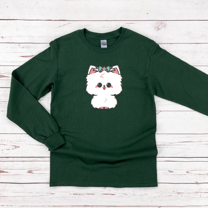 a green shirt with a white dog on it