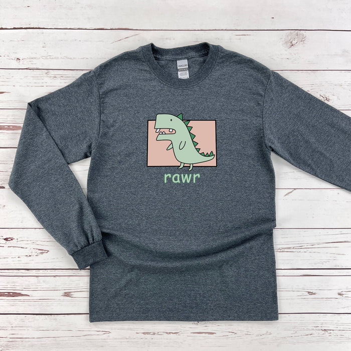 a gray long sleeve shirt with a green dinosaur on it