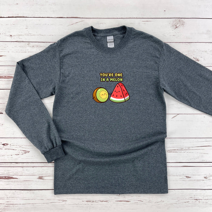 a gray shirt with a watermelon and a slice of watermelon on
