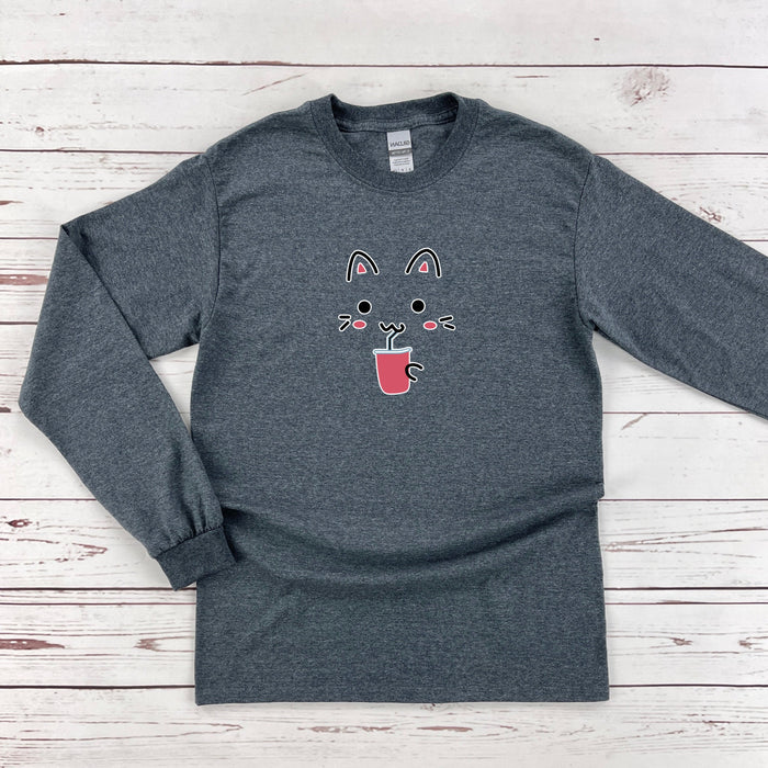 a gray shirt with a cat face on it