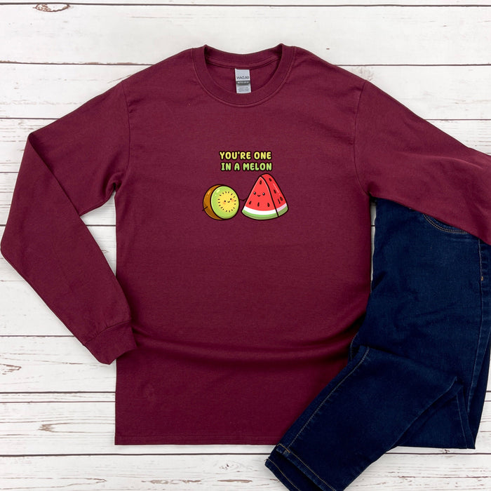 a maroon shirt that says you&#39;re one in a melon