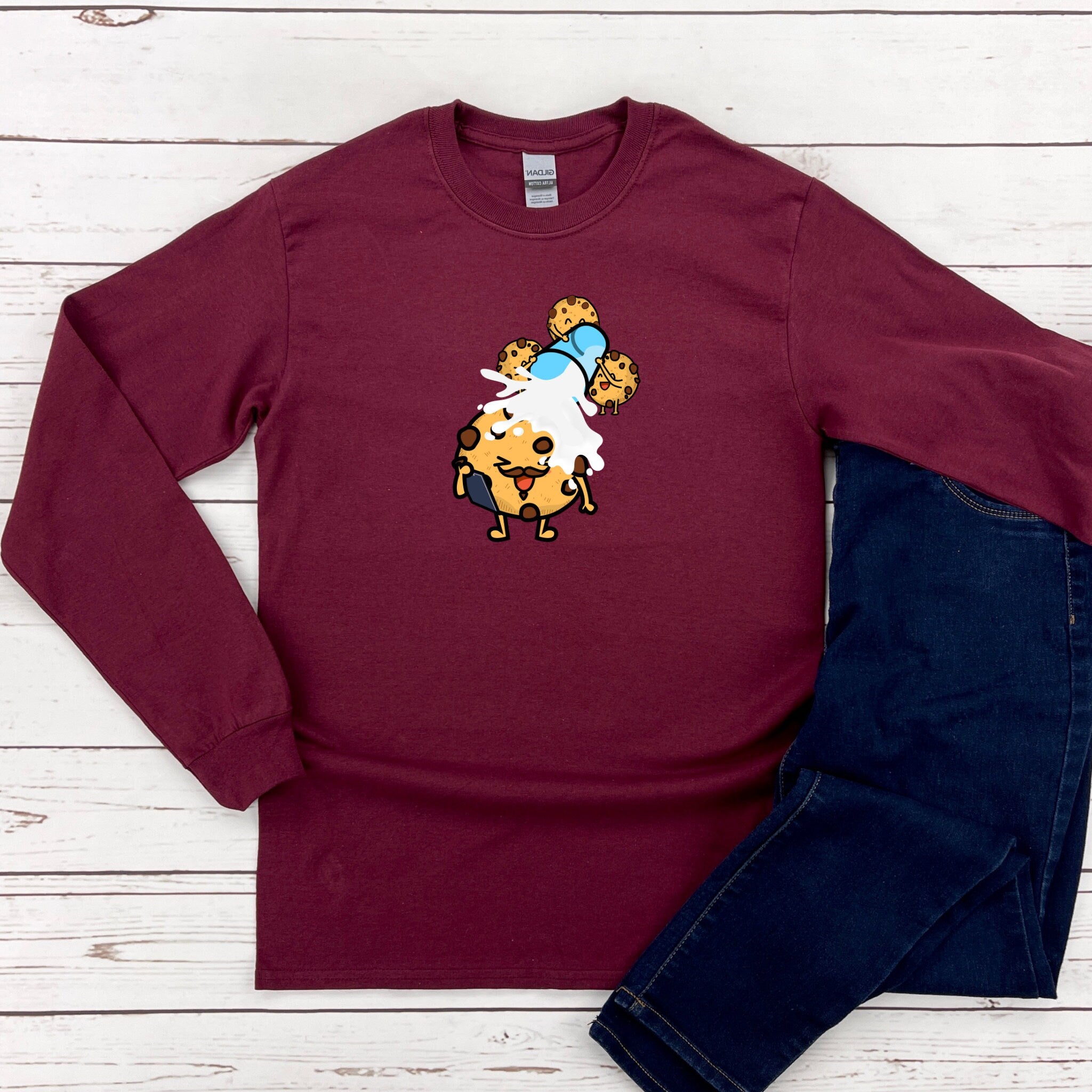 a red shirt with a cartoon character on it