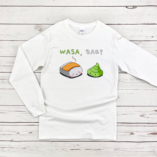 a white long sleeve shirt with sushi on it