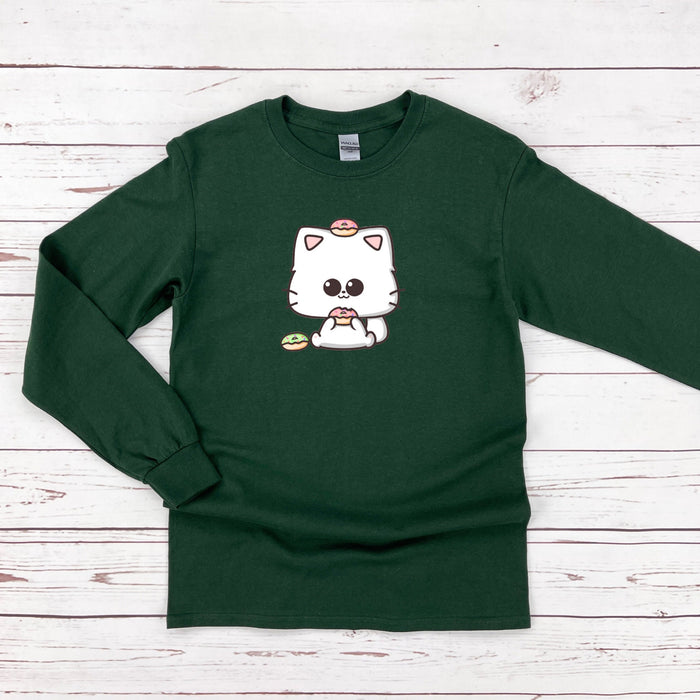 a green shirt with a white cat on it