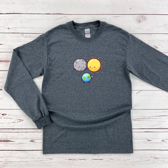 a gray long sleeve shirt with an image of the earth and sun on it