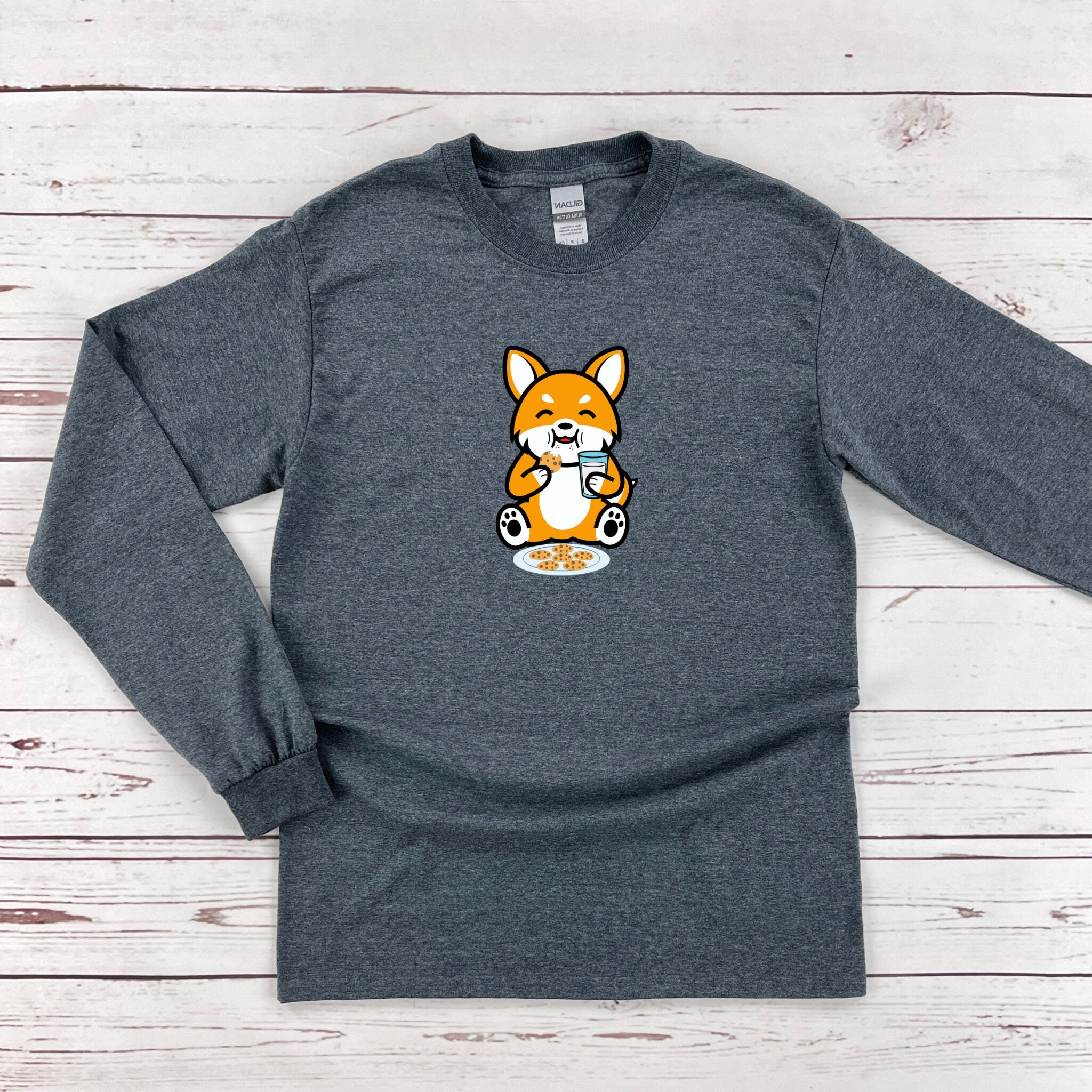 a gray long sleeve shirt with a picture of a fox on it
