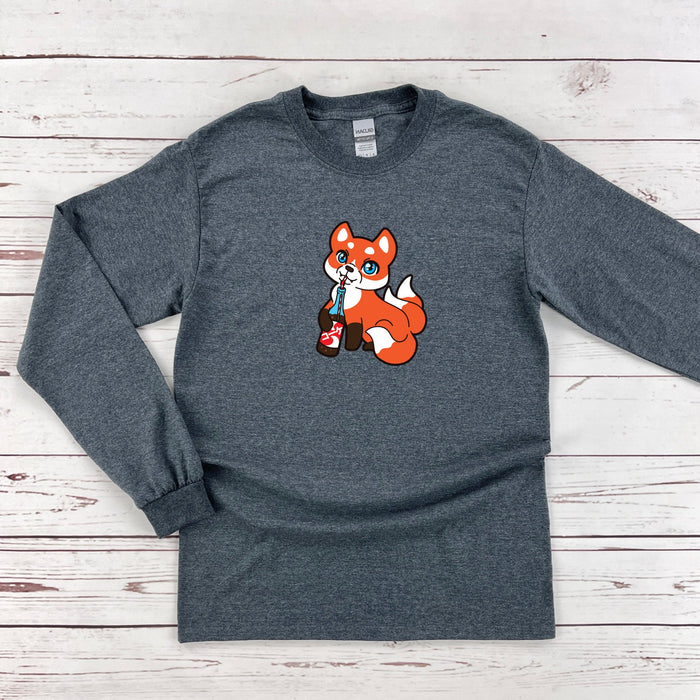 a gray long sleeve shirt with a cartoon fox on it