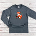 a gray long sleeve shirt with a cartoon fox on it