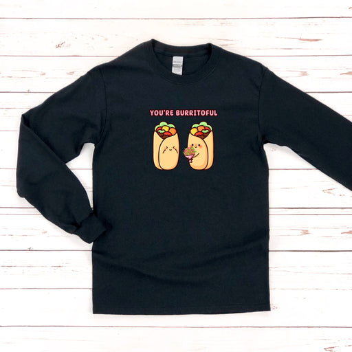 a black shirt with two burritos on it