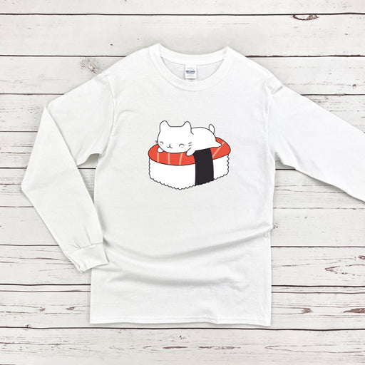 a white shirt with a cat in a sushi box on it