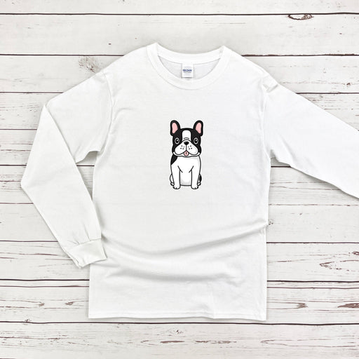 a white shirt with a black and white dog on it