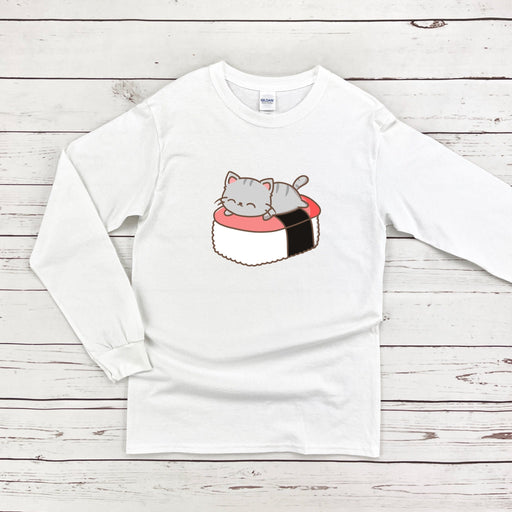 a white shirt with a sushi cat on it