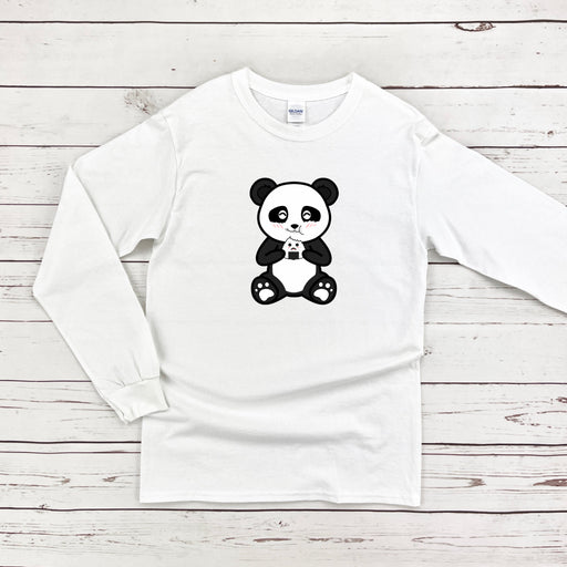 a white shirt with a black and white panda bear on it