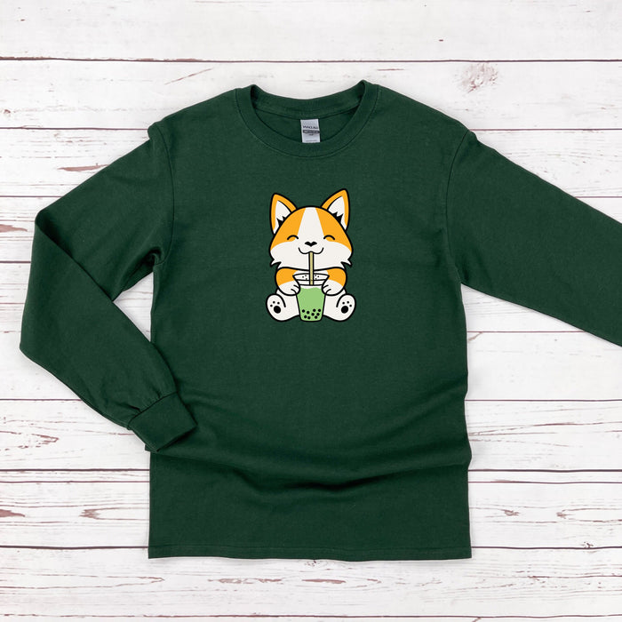 a green shirt with a cat holding a cup of coffee