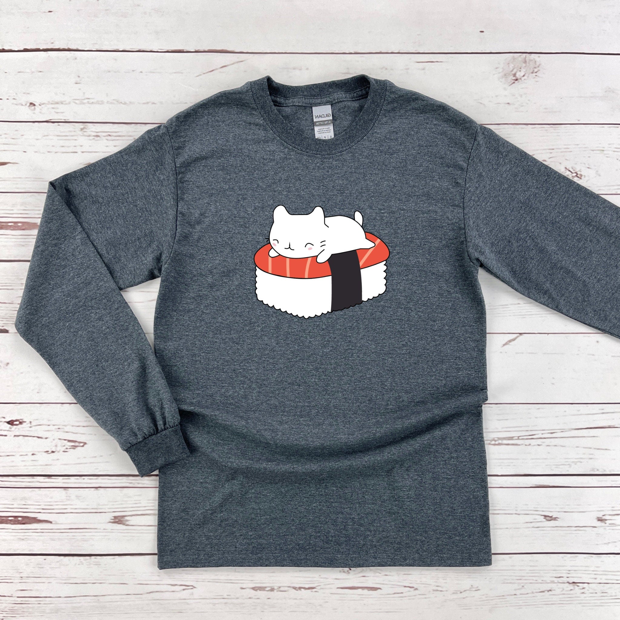 a gray shirt with a cat in a sushi box on it