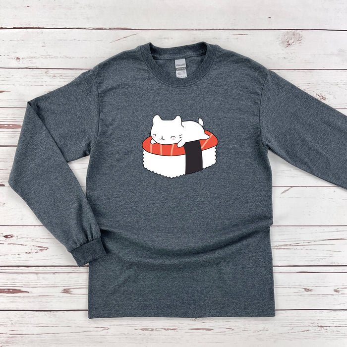 a gray shirt with a cat in a sushi box on it