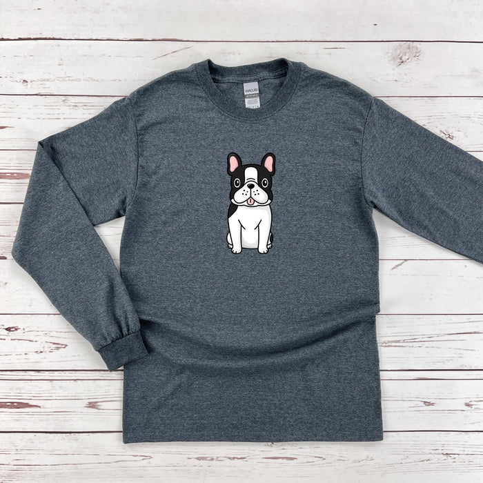 a gray shirt with a black and white dog on it