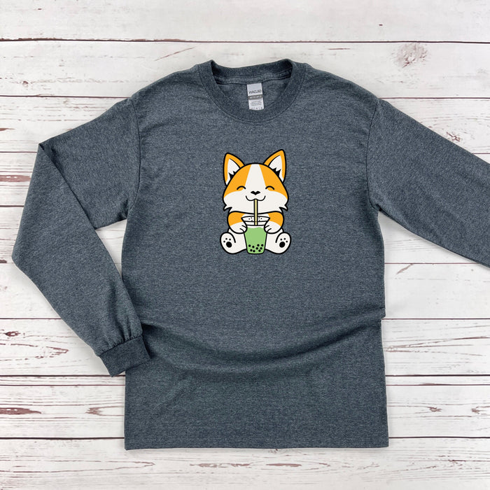 a gray long sleeve shirt with a cartoon cat on it