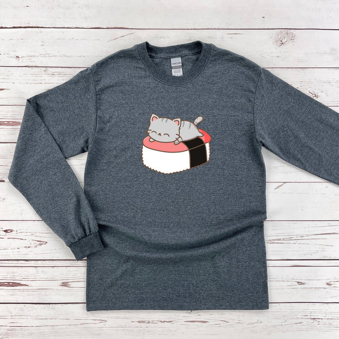 a gray long sleeve shirt with a sushi cat on it