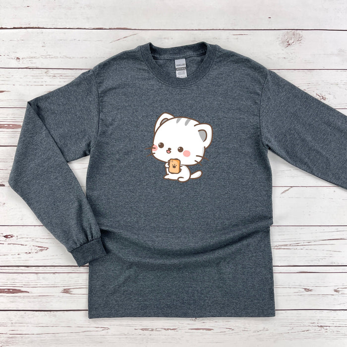 a gray shirt with a white cat on it