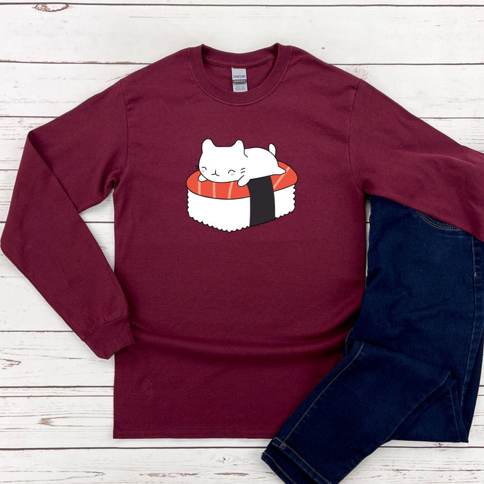 a red shirt with a sushi cat on it